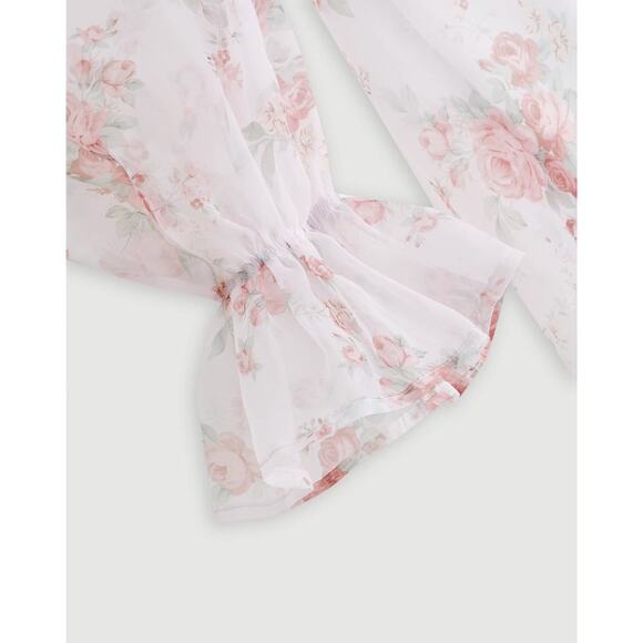 Floral Chiffon Mini Dress Pink White Puff Sleeve Babydoll Cottagecore M - Picture 4 of 16